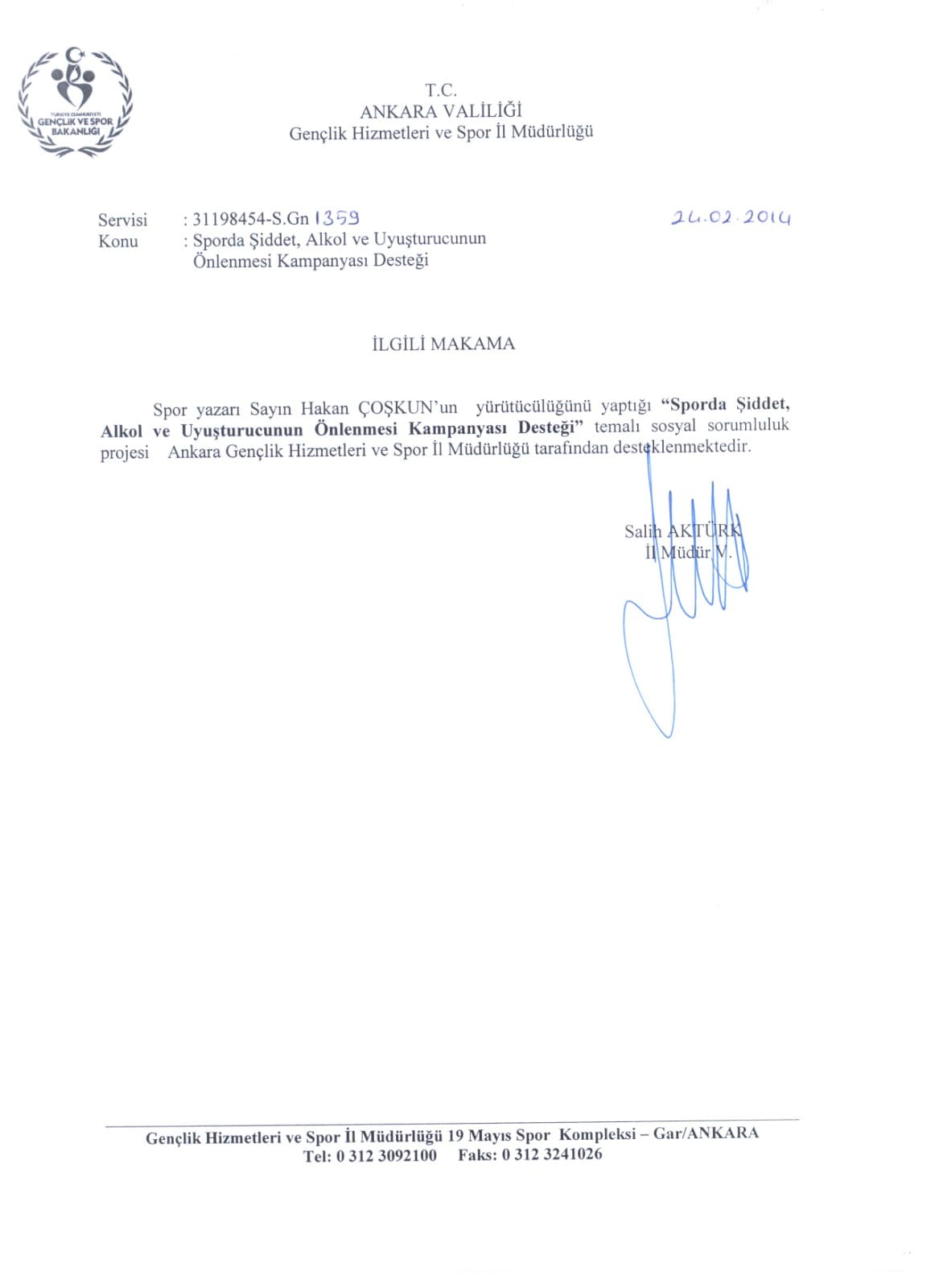 Ankara Governorship destek belgesi