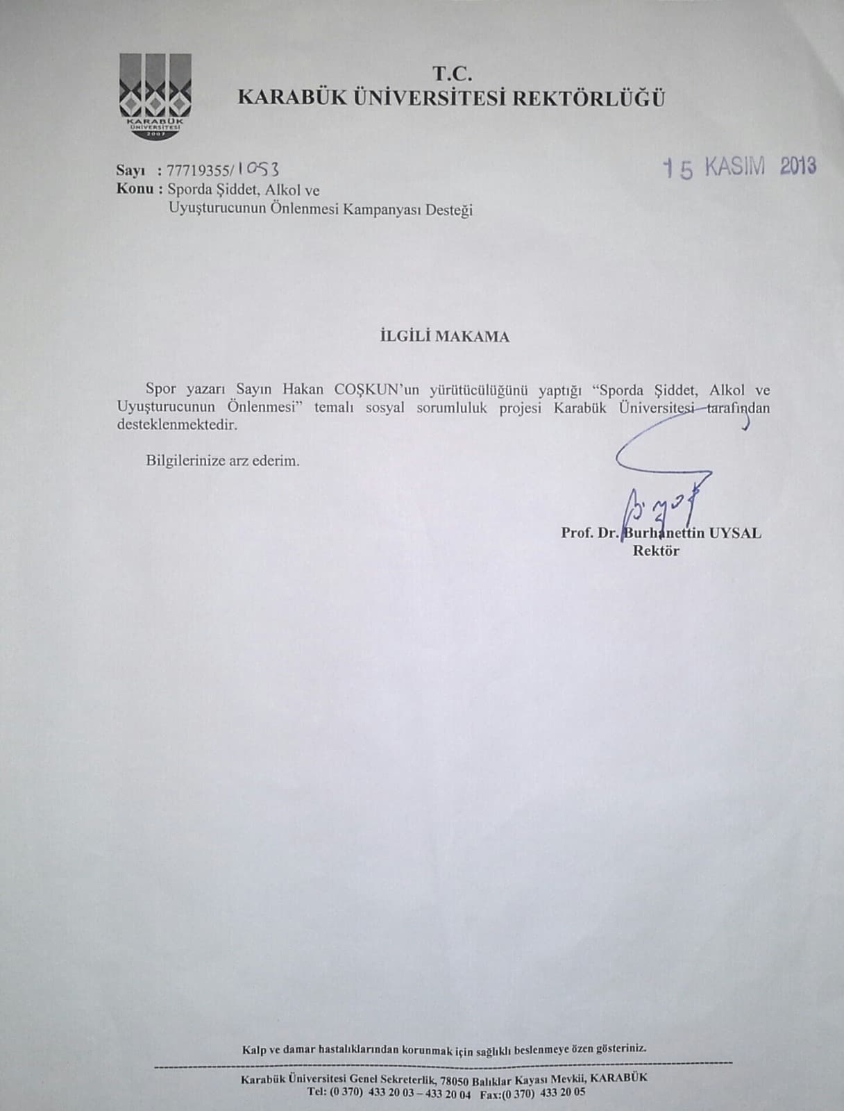 Karabük University destek belgesi