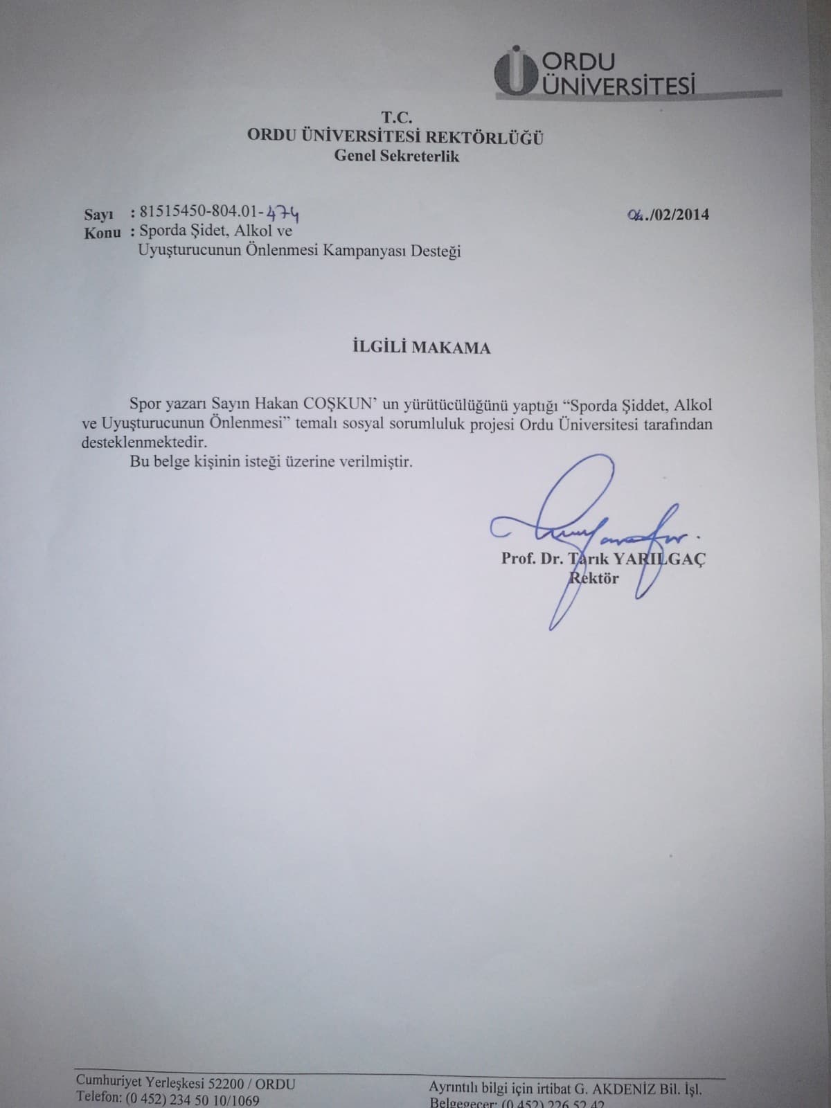 Ordu University destek belgesi