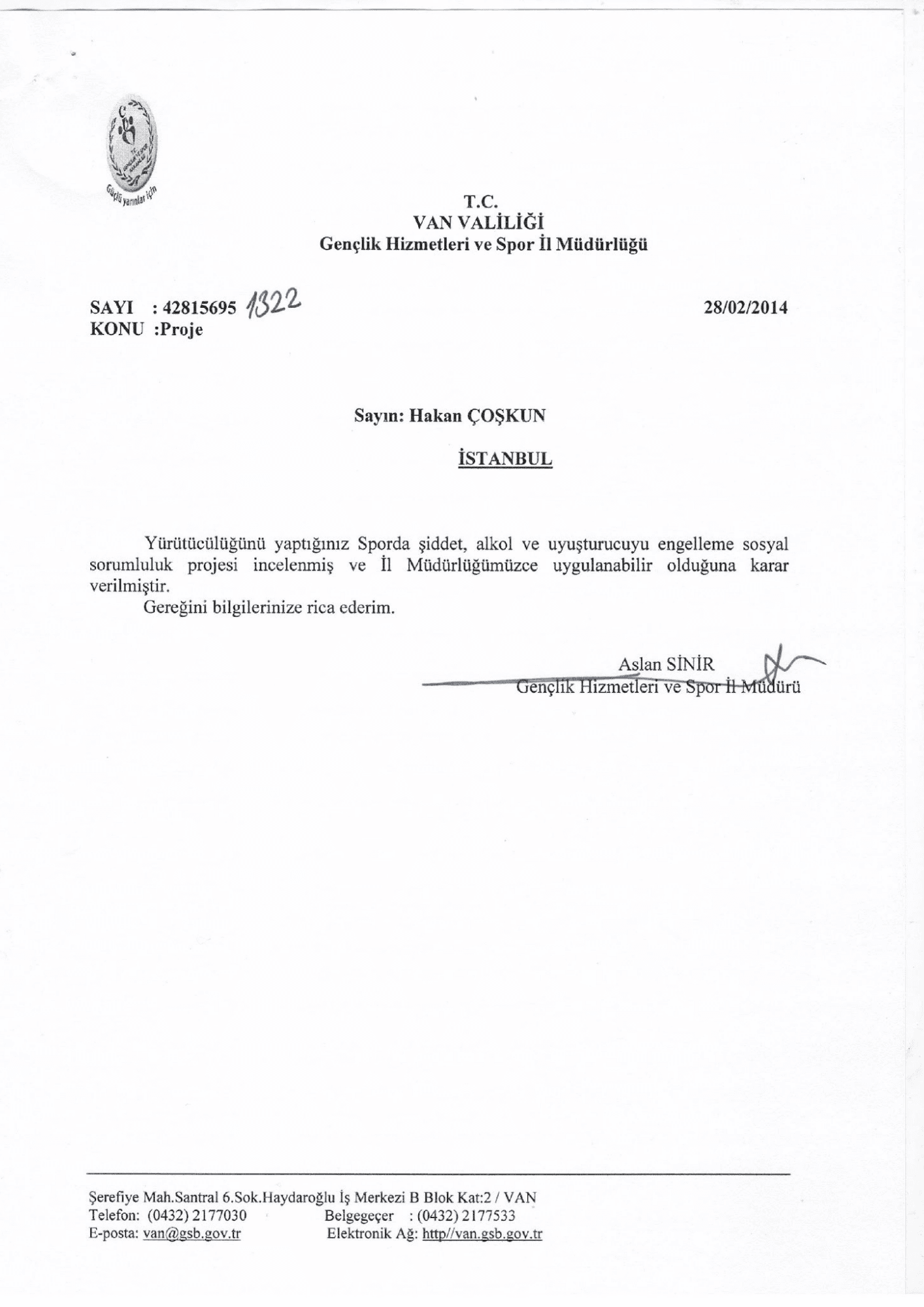 Van Governorship destek belgesi