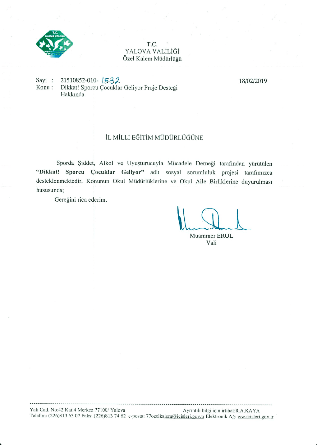 Yalova Governorship destek belgesi